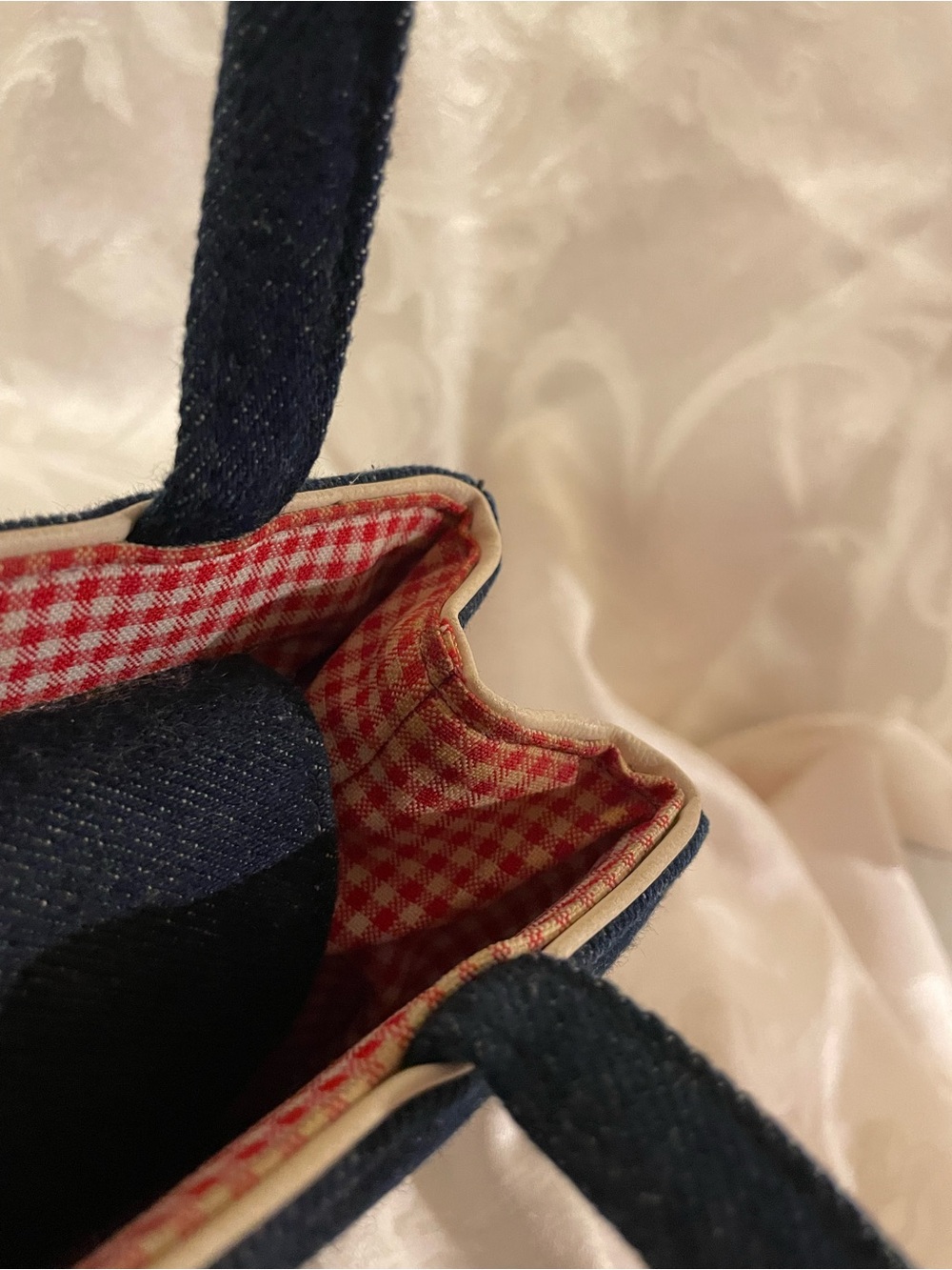 Vintage Y2K Kate Spade denim Blue Jean purse, red cottagecore gingham interior - Picture 10 of 16